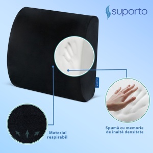 Set Perna de Sezut Suporto Regular Coccis Suport si Perna Lombara Slim, Suport Lombar pentru Scaun Auto sau de Birou, Spuma cu Memorie, Culoare Neagra - Img 9