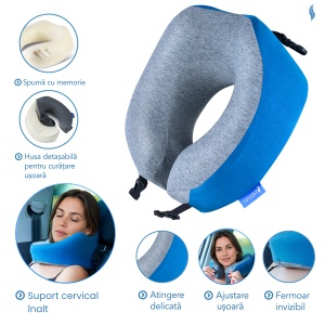 Set Perna de calatorie Suporto Travel Companion. Perna voiaj din spuma cu memorie, Albastra + Masca de dormit Suporto 3D cu saculet Verde Smarald, pachet pentru ochi obositi si un somn odihnitor. - Img 2