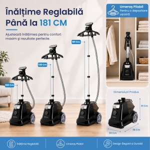 Fier de Calcat Vertical cu aburi SUPORTO R3, Steamer de 2200W cu 4 trepte de putere. Statie de calcat profesionala pentru haine netede, fara mirosuri si fara cute. Rezervor aparat 3L, pentru 65 min de lucru, 45g/min abur continuu. - Img 11