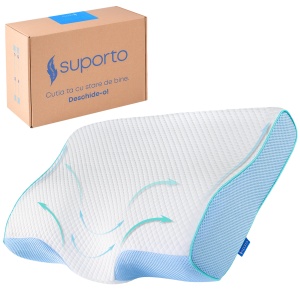 Perna de dormit Suporto Aura anatomica si ortopedica cu suport cervical, Din spuma cu memorie, Albastra