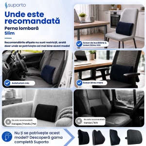 Set Perna de Sezut Suporto Extra Coccis Suport si Perna Lombara Slim, Suport Lombar pentru Scaun Auto sau de Birou, Spuma cu Memorie, Culoare Neagra - Img 5