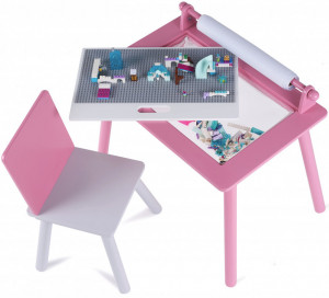 Birou pentru copii Roz cu tabla compatibila cu piese LEGO Clasic, din MDF, cu Scaunel, Rola de desen, Spatiu de depozitare, Blat reversibil