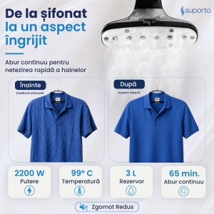 Fier de Calcat Vertical cu aburi SUPORTO R3, Steamer de 2200W cu 4 trepte de putere. Statie de calcat profesionala pentru haine netede, fara mirosuri si fara cute. Rezervor aparat 3L, pentru 65 min de lucru, 45g/min abur continuu. - Img 2