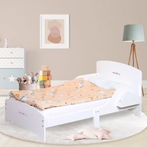 Pat Copii Suporto cu Protectie Laterala si Raft Depozitare Carti si Jucarii, Model Norisor, Patut pentru Baieti si Fetite Varsta de 3 - 8 Ani, Mobilier din Lemn MDF, Alb