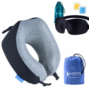 Set Perna de calatorie Suporto Travel Companion. Perna voiaj din spuma cu memorie, Neagra + Masca de dormit Suporto 3D cu saculet Verde Smarald, pachet pentru ochi obositi si un somn odihnitor. - Img 14