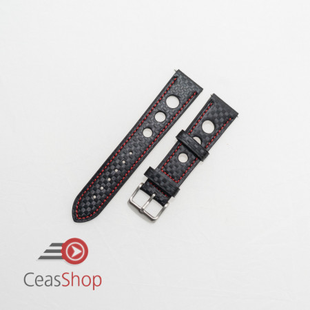 Curea piele GRAND PRIX fibra carbon neagra, cusături roșii 24mm - 37854