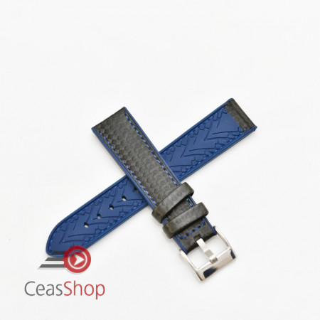 Curea hibrid silicon si piele fibra carbon neagra cu albastru 20mm - 4005220 - Img 2