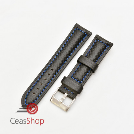 Curea piele tip fibra carbon neagră, cusătură albastră, căptușită 22mm - 3742215