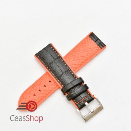 Curea hibrid silicon si piele model crocodil neagra cu portocaliu 24mm - 4205624 - Img 2