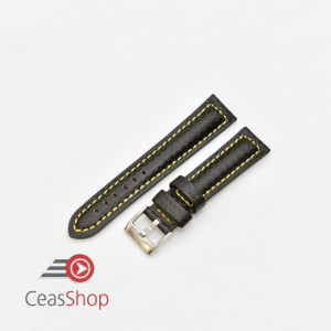 Curea piele tip fibra carbon neagră, cusătură galbenă, căptușită 24mm - 37424110