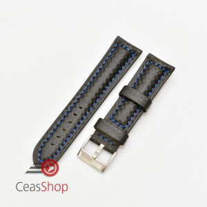 Curea piele tip fibra carbon neagră, cusătură albastră, căptușită 22mm - 3742215