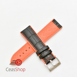 Curea hibrid silicon si piele model crocodil neagra cu portocaliu 24mm - 4205624 - Img 2