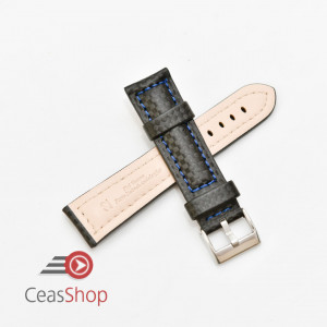 Curea piele tip fibra carbon neagră, cusătură albastră, căptușită 22mm - 3742215 - Img 2