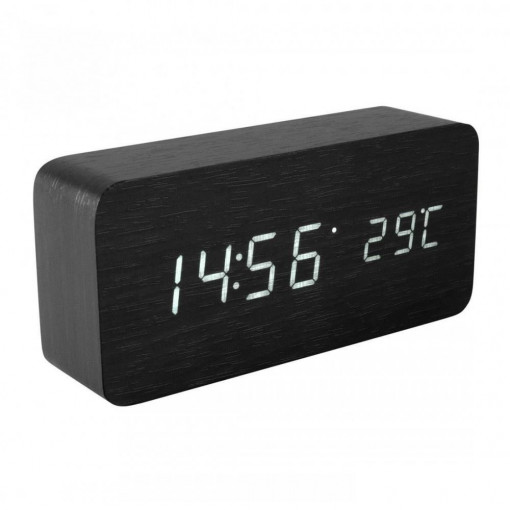 Ceas desteptator cu carcasa lemn, Home OC 04, termometru, ecran led, negru
