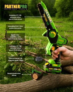 Mini Fierăstrău cu Lanț și Acumulator PPBS-84 PARTNERPRO, Brushless, 21V / 4Ah, Indicator sarcină - Img 12