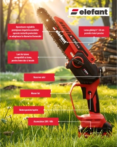 Mini fierăstrău cu lanț și acumulator ELEFANT EBS-104, 20V / 4Ah, Brushless - Img 7
