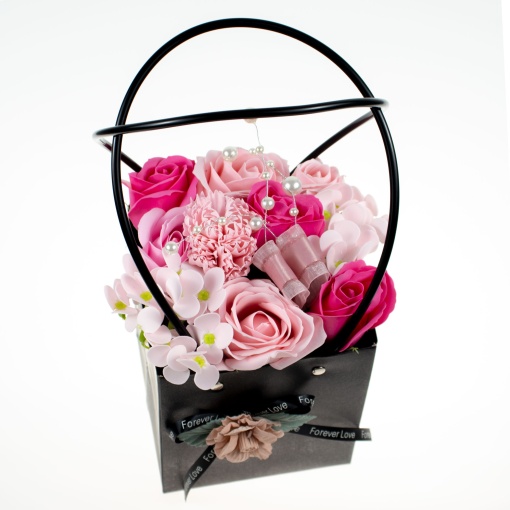 Aranjament floral cu trandafiri de sapun love, flori diverse, parfumate, 20x20x20 cm, CD2569-Roz