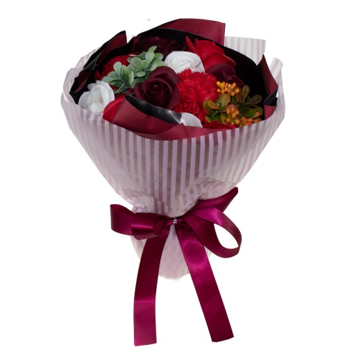 Buchet flori Zilan, 10 trandafiri + garoafe din sapun, multicolor, inaltime 25 cm, 11 fire, CD4452-Rosu