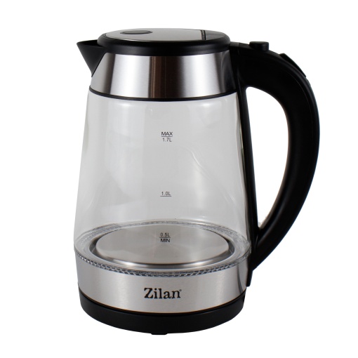 Fierbator electric Zilan, 1.7L, 2200W, sticla, inox, negru, indicator nivel apa, comutator On-Off, 360 grade, ZLN3963