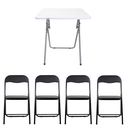 Masa plianta Zilan cu blat mdf, 60x60x72 cm, alb + 4 scaune pliant, metal, ZLN7002_4S