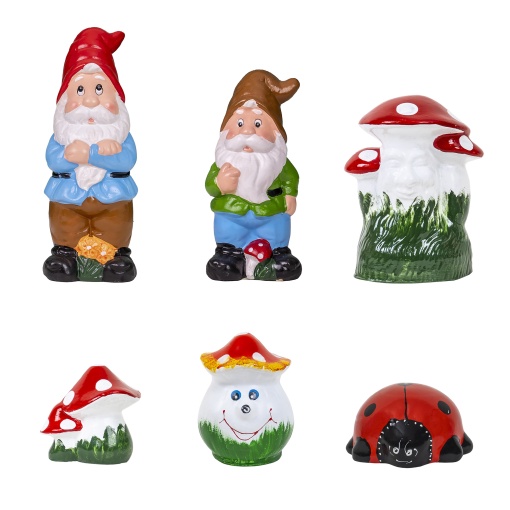 Pachet decor gradina Zilan, 2 x pitic 20 cm + 1 x pitic 30 cm + 3 x ciuperca 20 cm + 1 x ciuperca 15 cm + 1 x ciuperca smiley 14 cm + 1 x buburuza 8 cm, EXT10228