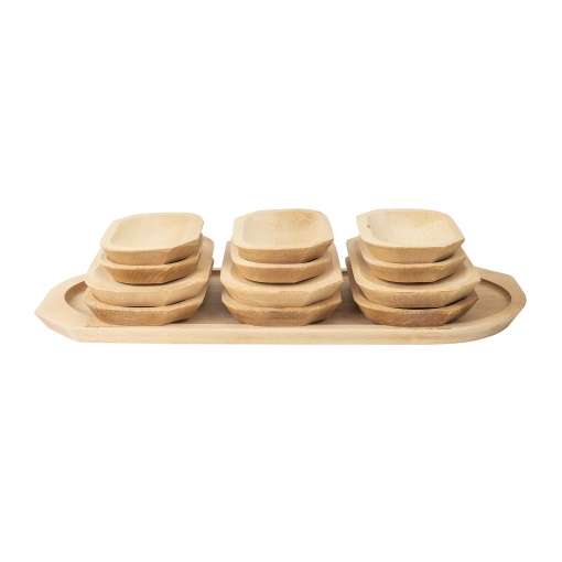 Set 13 platouri din lemn Zilan, compartimentat, oval, utilizat pentru servire gratar, friptura, aperitiv, branzeturi, dimensiuni 55x22x2.5 cm + 23x13x2.5 cm + 16x11x2.5 cm, 4.1kg, EXT7233