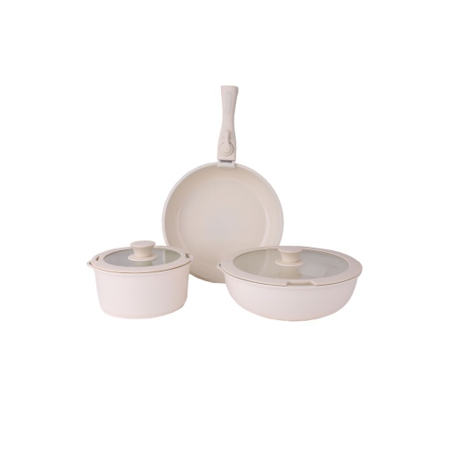 Set 5 piese ceramica Zilan, 2 oale (20cm, 1.6L + 28cm, 2.5L) + tigaie 27cm, crem, usor de curatat, baza inductie, 32x30x15 cm, ZLN0965