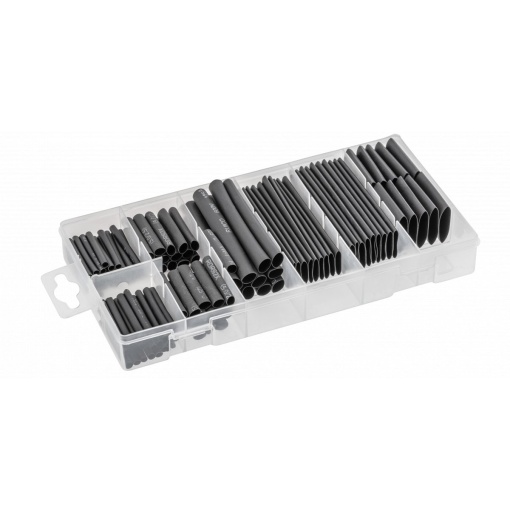 Set de 127 tuburi termocontractabile HOGERT din polietilena, temperatura de micsorare 125°C, rata de contractie 50%, izolatie max. 600 V, cutie cu compartimente, HT8G501