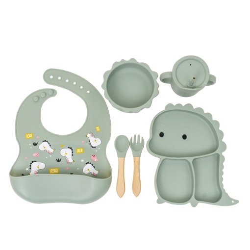 Set hranire bebelusi din silicon Z-TOOLS, 6 piese, model dinozaur, farfurie compartimentata 23x18x2.5 cm, bol cu capac 13x5 cm, baveta ajustabila 32x23 cm, lingurita si furculita 14x3.5 cm, canita cu toarte 8x9 cm, ZTS9094