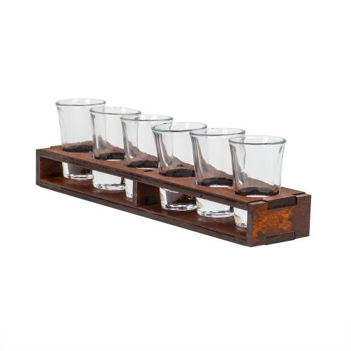 Set pahare shot Zilan, 6 bucati, 50ml, sticla, suport lemn, transparent, cod EXT9932