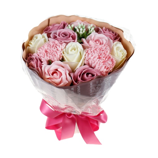Buchet flori Zilan, 11 trandafiri + 2 garoafe din sapun, crem/roz/rozprafuit, forma rotunda, 25 cm inaltime, 17 cm diametru, CD4449-Rozprafuit