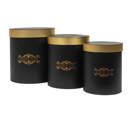 Set 3 cutii Zilan cilindrice cu model, pentru decoratiuni, cadouri si bijuterii, dimensiuni: 29.5x44.5 cm + 26.5x20.5 cm + 23.5x17.5 cm, CD4953_negru