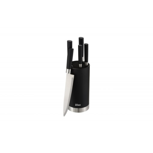 Set cutite inox Zilan, 5 piese, suport negru, cutit chef 20 cm, cutit paine 20 cm, cutit feliat 20 cm, cutit utilitar 12,7 cm, cutit 9 cm, ZLN1609