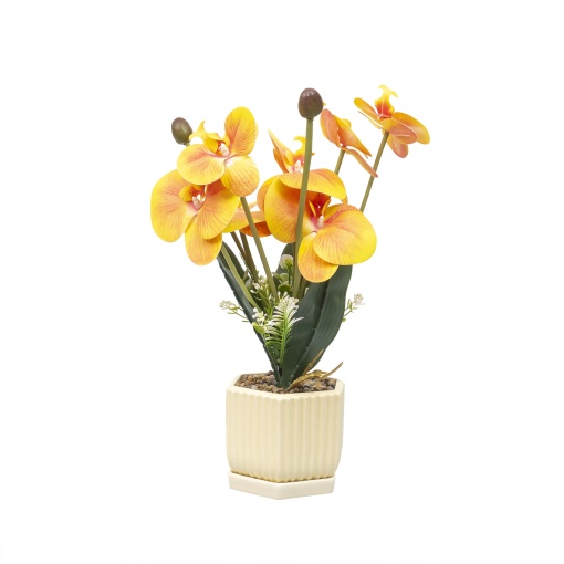 Aranjament floral Zilan, orhidee, portocaliu, ghiveci ceramic, 13x13x37 cm, ZTS8055