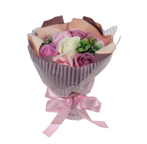 Buchet flori Zilan, 10 trandafiri + garoafe sapun, crem/roz/rozpal/rozprafuit, inaltime 25 cm, 11 fire, CD4452-Roz