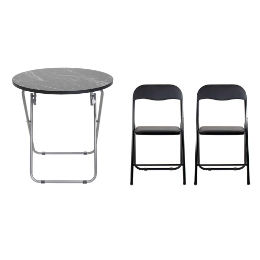 masa plianta rotunda Zilan, MDF 60x65cm, negru, picioare metalice, 2 scaune pliabile, 100kg, ZLN6951_2S