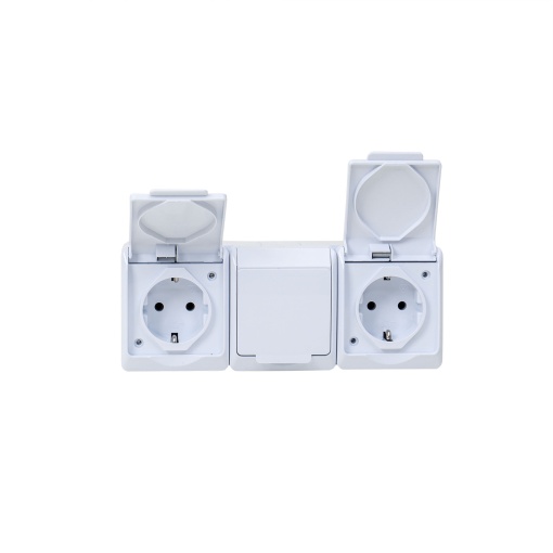 Priza tripla Zilan alba cu capac, 3 locasuri, alimentare 16A/250V, IP44, 20x7.6x5 cm, ELPL-0326-02