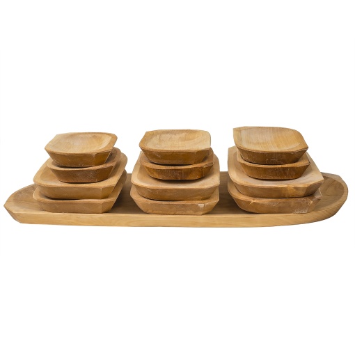 Set platouri din lemn Zilan, 13 bucati, oval compartimentat, 60x24x2.5 cm, 26x15x2.5 cm + 17x12x2.5 cm, maron, 1463