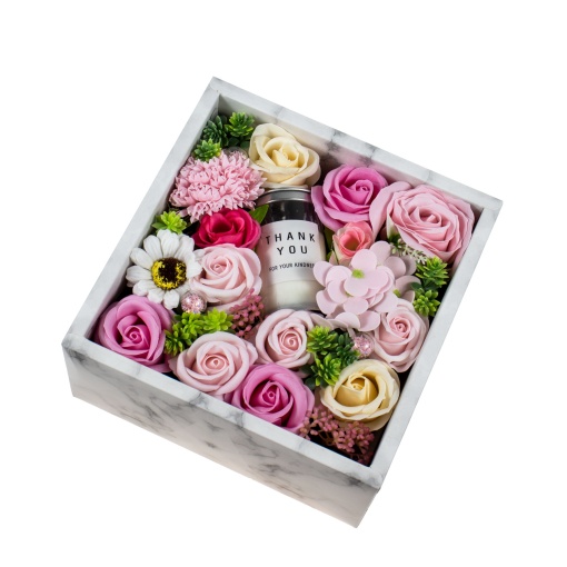 Aranjament floral Zilan cu trandafiri din sapun, hortensii, garoafe, crizanteme, lumanare parfumata, 22 fire, 10 cm, 22x22 cm, SF047-Roz