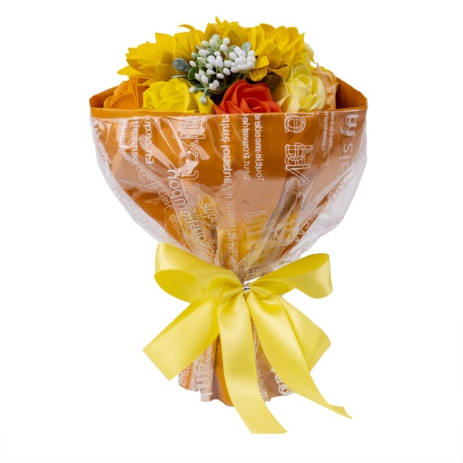 Buchet flori sapun Zilan, 11 trandafiri si floarea soarelui, portocaliu, parfum fin, cadou perfect, 25x15x10 cm, CD4451portocaliu