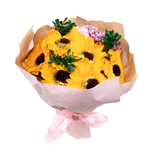 Buchet flori Zilan, 7 floarea soarelui + 4 trandafiri sapun, parfum fin, 25 cm inaltime, rotund, CD4450-Roz