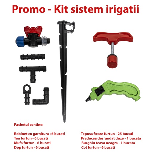 Set accesorii irigare picurare Zilan, burghiu 16, 6 robineti, 6 teuri, 6 dopuri, 6 piese, 25 tepuse, cod SET30056