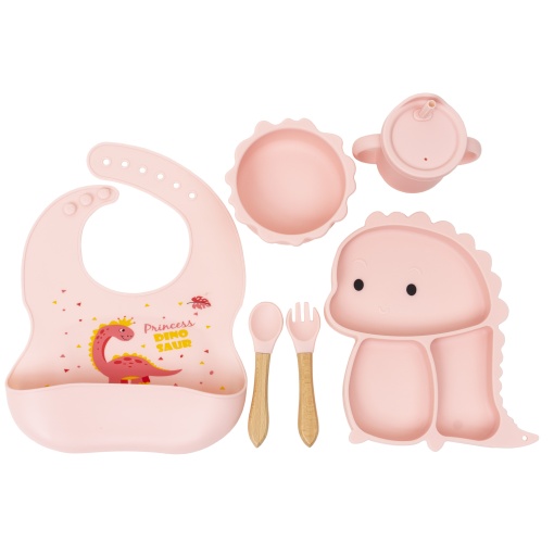 Set hranire bebelus Z-TOOLS, 6 piese silicon dinozaur roz, farfurie compartimentata 23x18x2.5 cm, bol cu capac 13x5 cm, baveta ajustabila 32x23 cm, tacamuri 14x3.5 cm, canita antrenament 8x9 cm, ZTS9095
