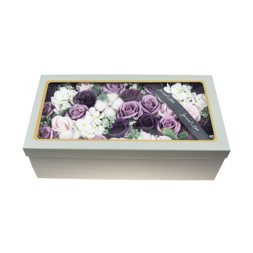 Aranjament floral cu trandafiri sapun Zilan, 120 cm, 43 flori, alb+lila+mov+verde, cutie cu hortensii+bumbac+floarea miresii, CD4446-Mov