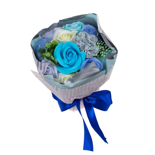 Buchet flori Zilan, 10 trandafiri + garoafe din sapun, multicolor, parfum fin, 25 cm, rotund, CD4452-Turcoaz