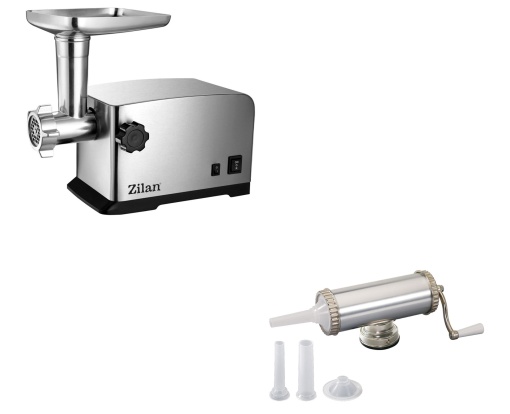 Masina tocat Zilan cu carcasa inox, motor cupru 1800W, 3 cutite inox, putere 1.2 kg/min, accesorii pentru carnati, picioare cauciuc antiaderente, 220-240V, SET30128