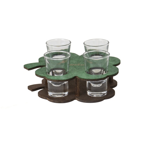 Pahar shot Zilan, set 4 bucati, 50ml, suport lemn trifoi, transparent/verde, 8 cm, EXT6091