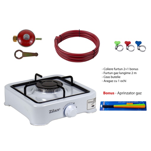 Set aragaz cu un arzator, de dimensiuni 27x27 cm. Include: ceas pentru butelie, 2 metri de furtun pentru gaz, 3 coliere pentru furtun, aprinzător ZLN 0018W_A