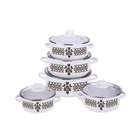 Set oale emailate Oti, 5 oale cu capac de sticla termorezistenta, diametre 16/18/20/22/24 cm, cod OTI0017
