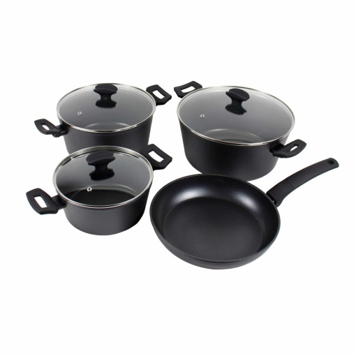 Set oale Zilan, aluminiu cu strat neaderent, 3 oale 20x9 cm + 24x12 cm + 28x13 cm + tigaie 26x5 cm + 3 capace sticla termorezistenta, compatibil cu toate sursele de caldura, ZLN3277